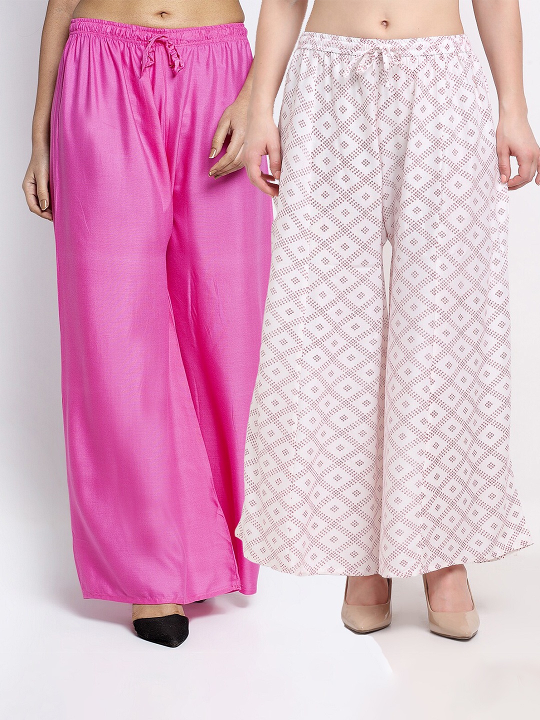 

GRACIT Women Set pf 2 Pink & Off White Printed Knitted Palazzos