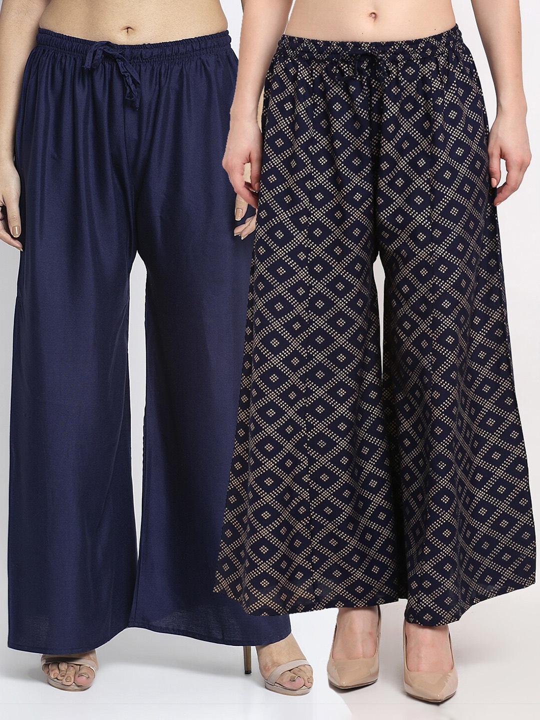 

GRACIT Women Navy Blue & Gold-Toned Printed Flared Knitted Ethnic Palazzos