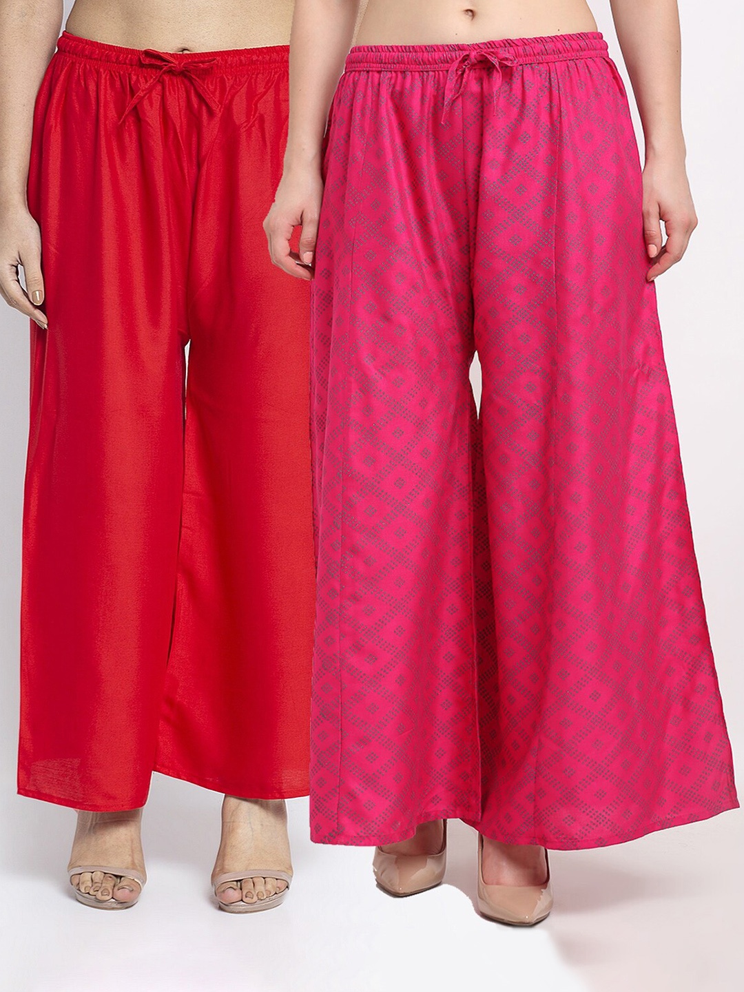 

GRACIT Women Pack Of 2 Red & Pink Block Printed Flared Knitted Ethnic Palazzos
