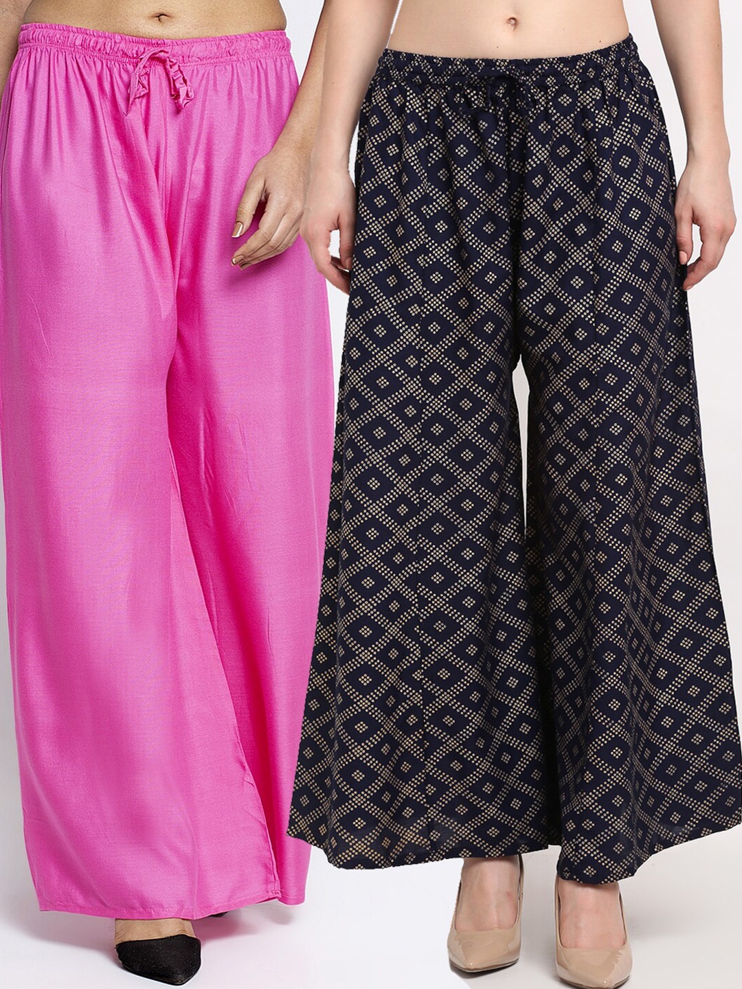 

GRACIT Women Pink & Navy Blue Pack of 2 Printed Flared Knitted Ethnic Palazzos