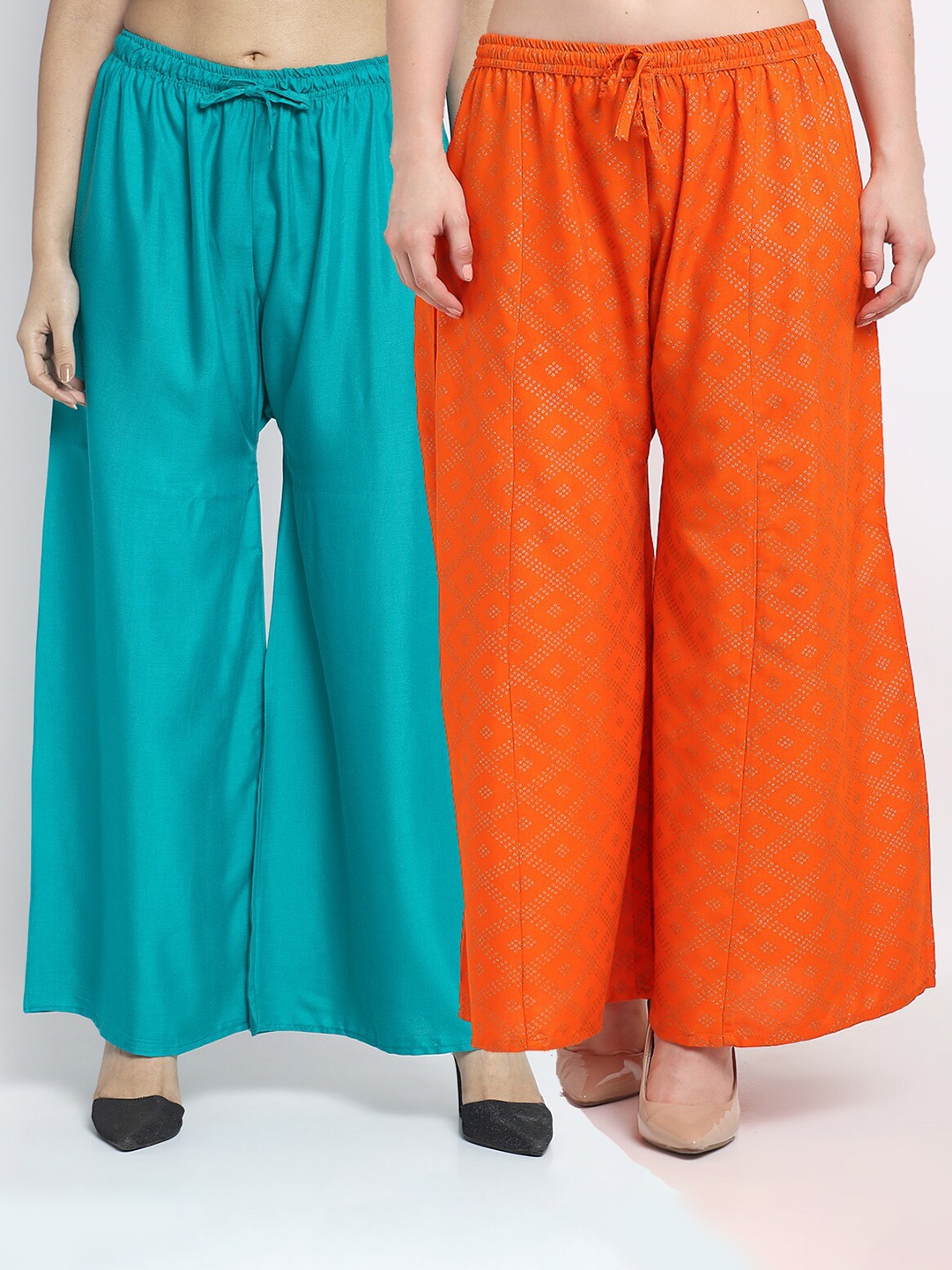 

GRACIT Women Set Of 2 Sea Green & Orange Flared Knitted Ethnic Palazzos