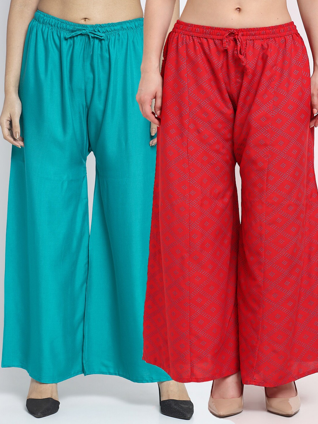 

GRACIT Women Set of 2 Turquoise Blue & Red Wide Leg Knitted Palazzos
