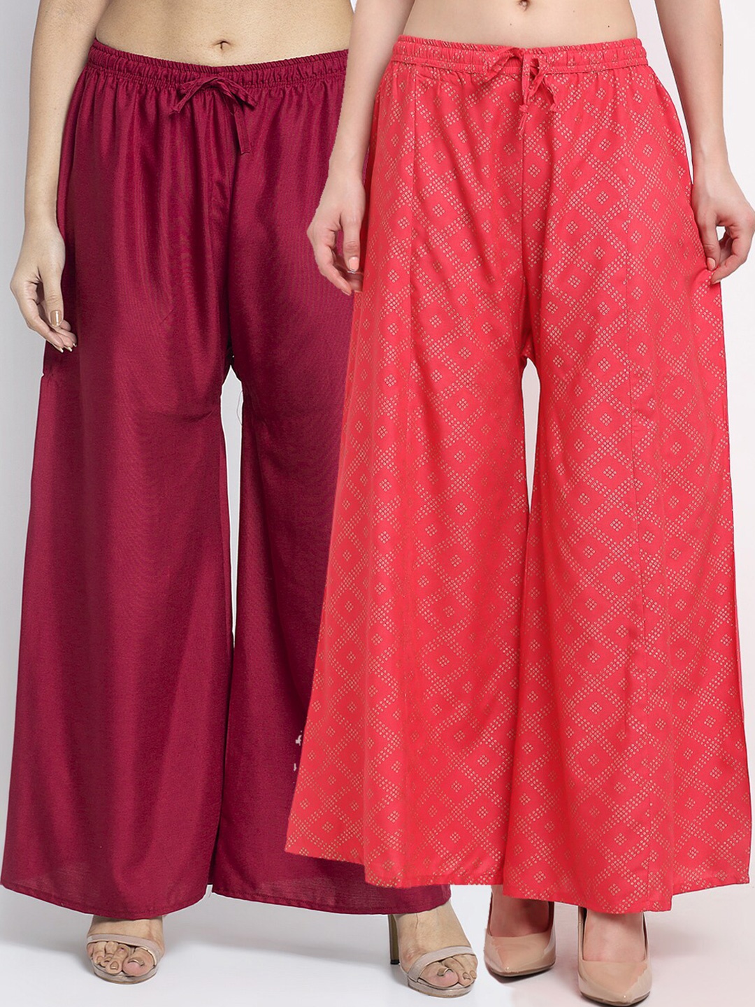 

GRACIT Women Pack Of 2 Maroon & Pink Block Printed Flared Knitted Ethnic Palazzos