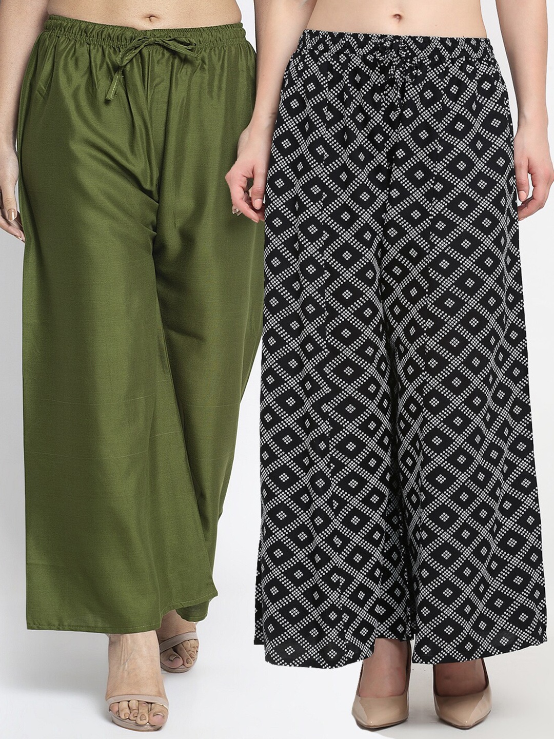 

GRACIT Women Pack Of 2 Green & Black Printed Flared Knitted Ethnic Palazzos