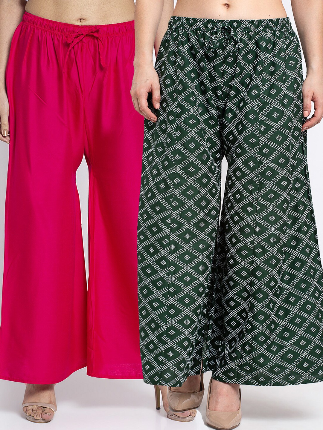 

GRACIT Women Set of 2 Pink & Green Printed Flared Knitted Ethnic Palazzos