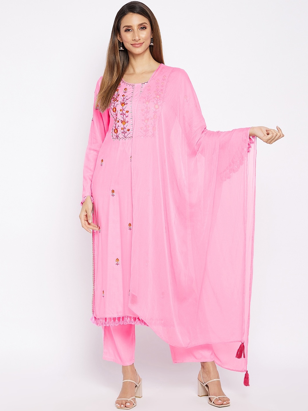 

Prakhya Women Pink Floral Embroidered High Slit Kurta with Trousers & With Dupatta