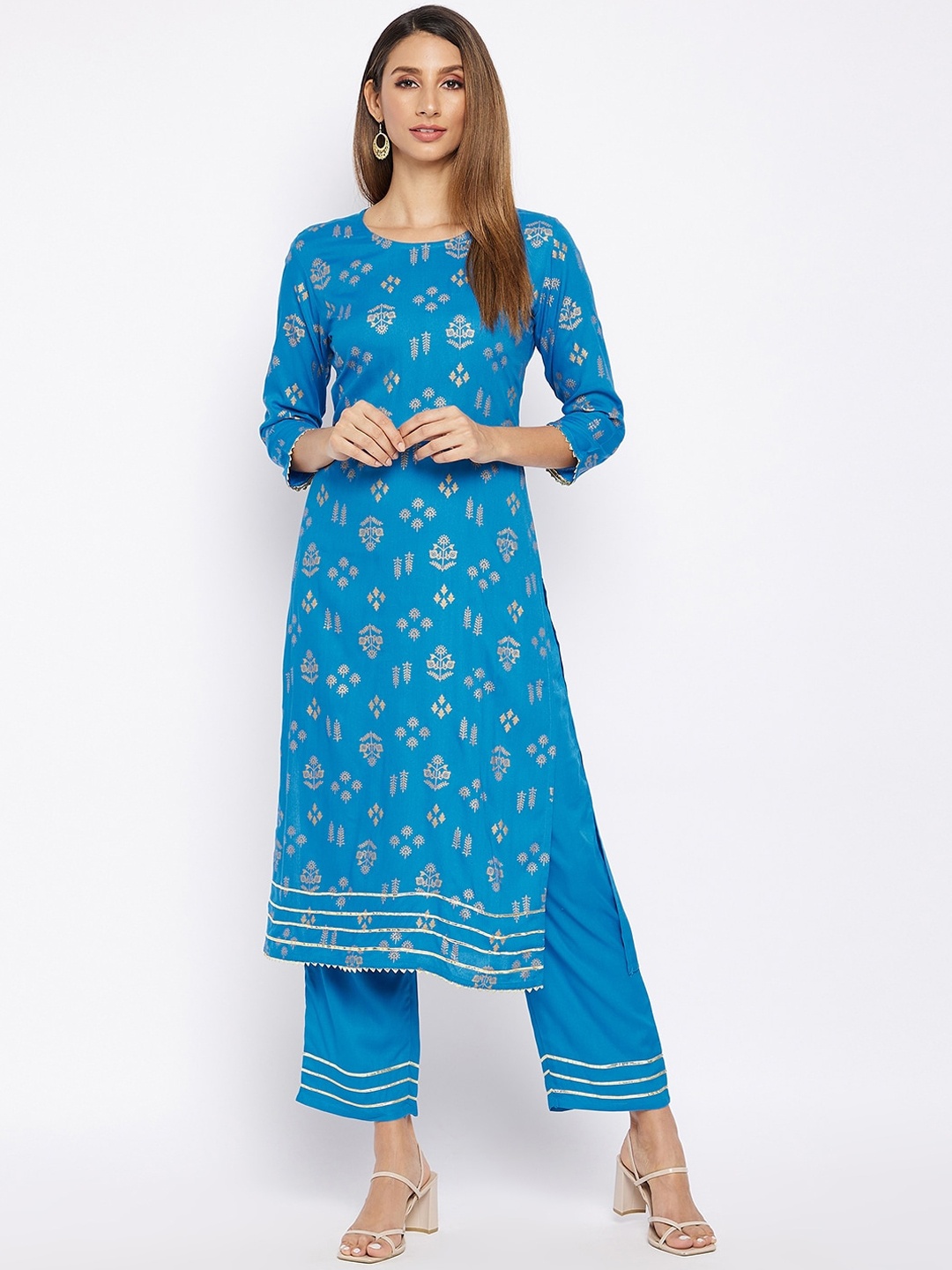 

Prakhya Women Blue Ethnic Motifs Printed Regular Gotta Patti Kurta with Trousers