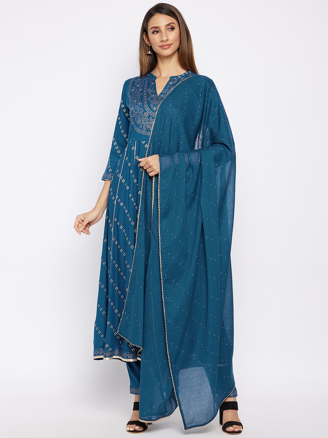 

Prakhya Women Blue Printed Regular Kurta with Trousers & With Dupatta