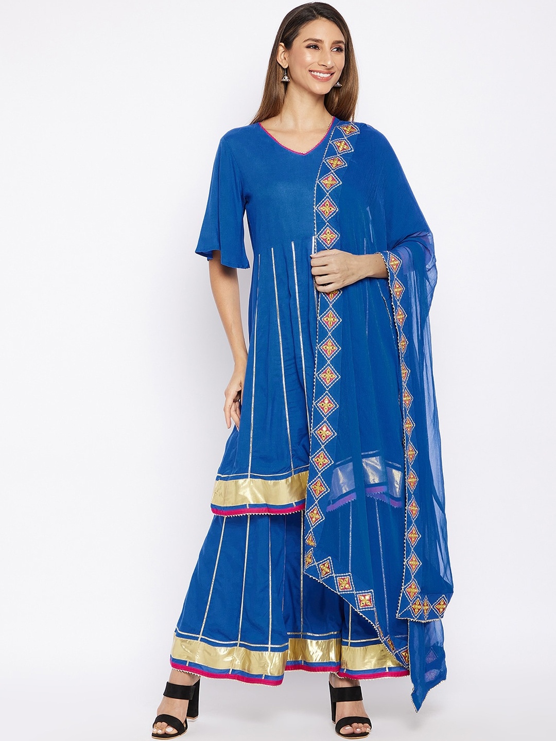 

Prakhya Women Blue & Gold Coloured Panelled Gotta Patti Kurta with Sharara & Dupatta