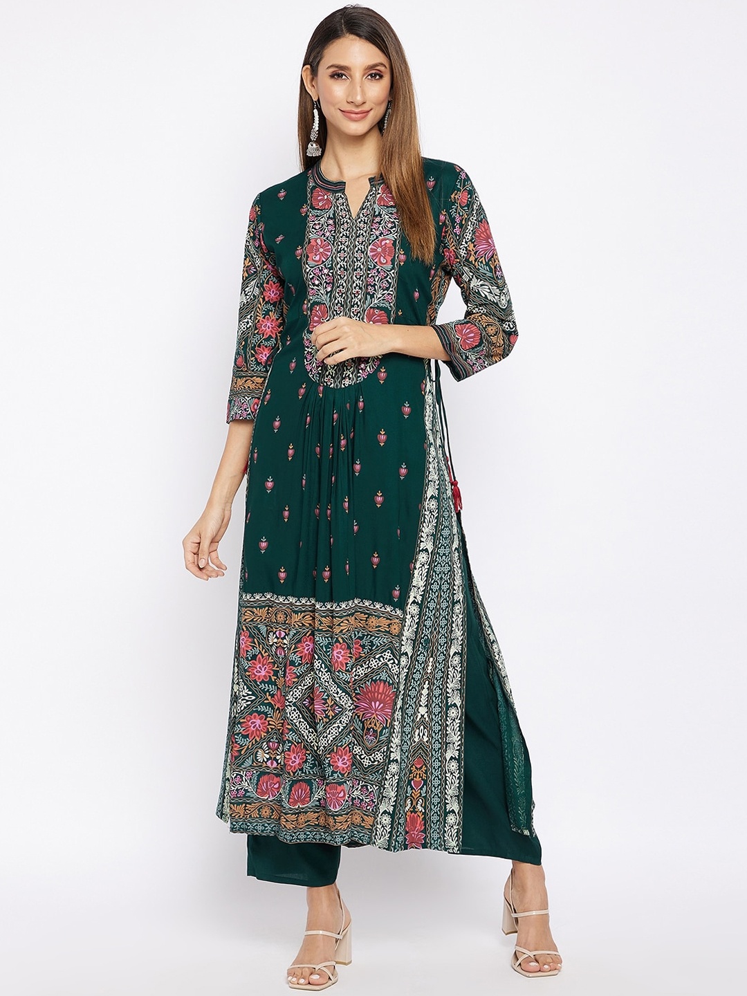 

Prakhya Women Green & Pink Ethnic Motifs Printed Pleated Kurta with Palazzos