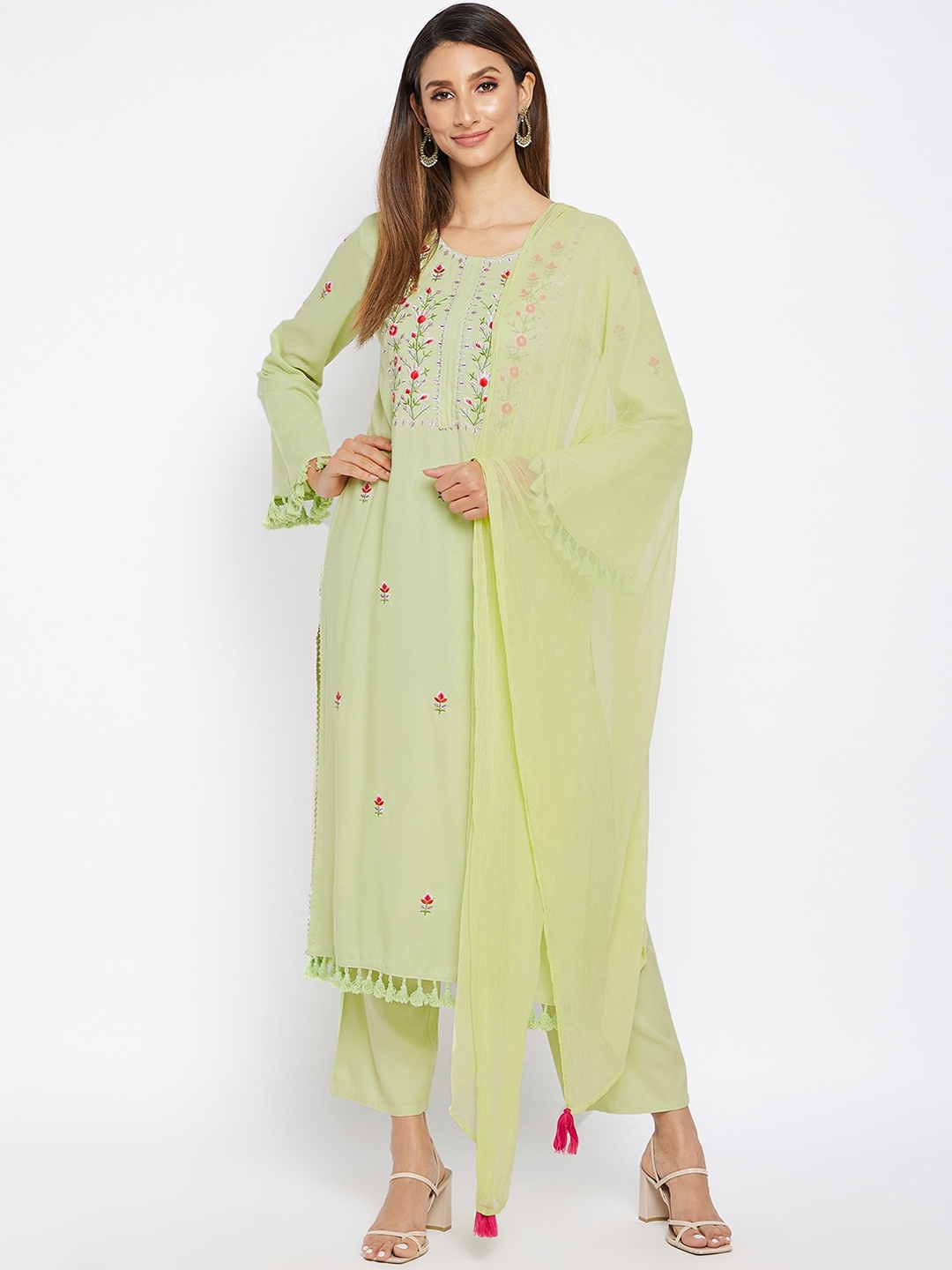 

Prakhya Women Green Floral Embroidered Regular Kurta with Trousers & Dupatta