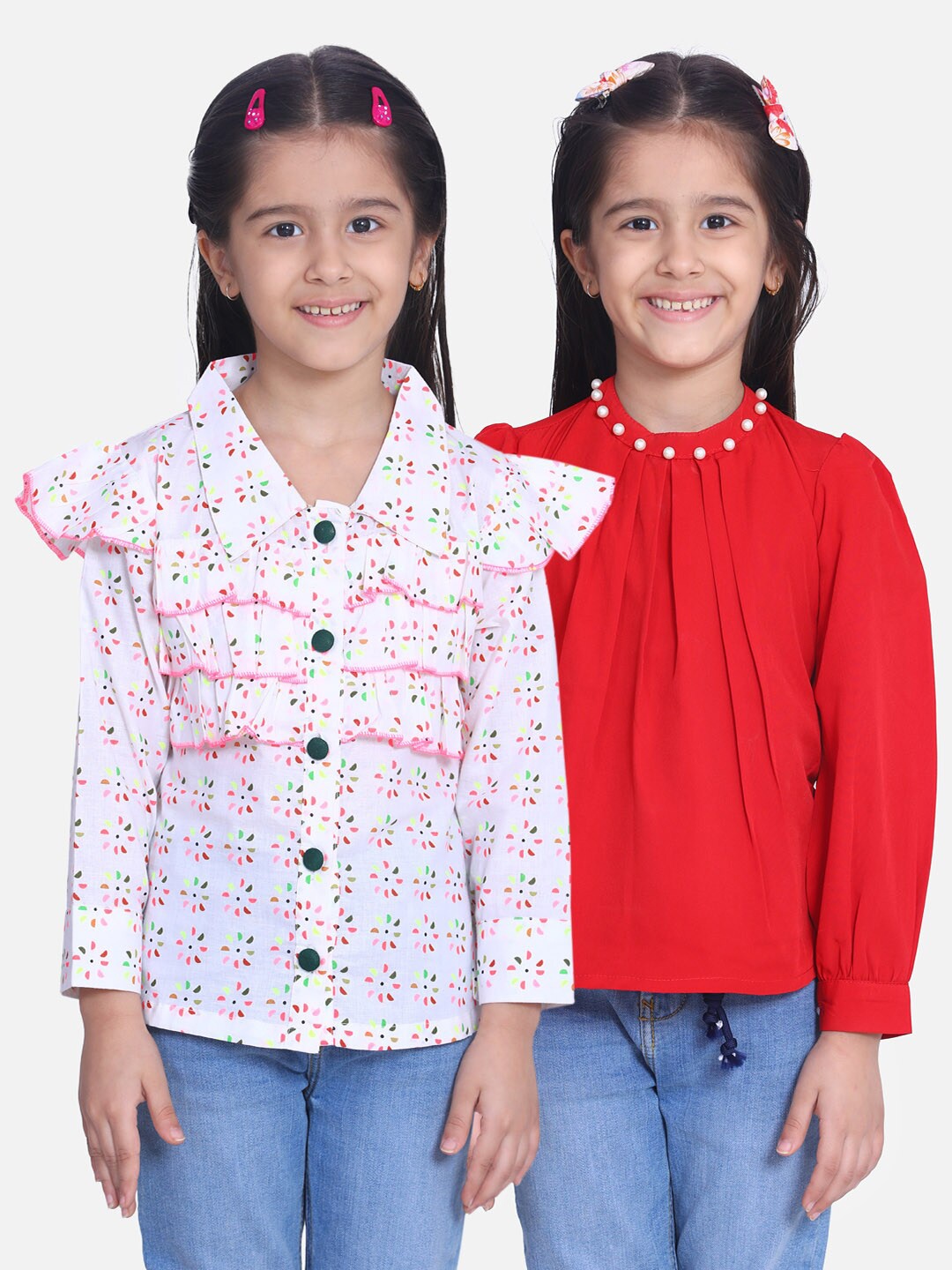 

Cutiekins Pack Of 2 Peach-Coloured & Red Crepe Tops