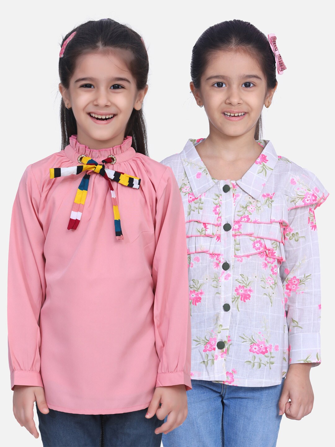 

Cutiekins Peach-Coloured Floral Crepe Shirt Style Top