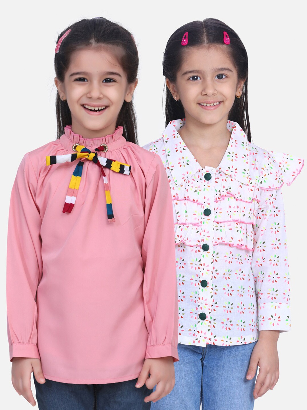 

Cutiekins Peach-Coloured Floral Tie-Up Neck Crepe Shirt Style Top
