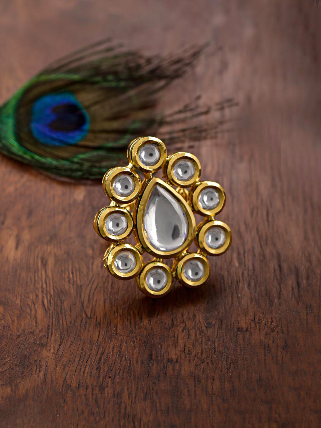 

Tistabene Gold-Plated & White Kundan-Studded Meena Wedding Ring