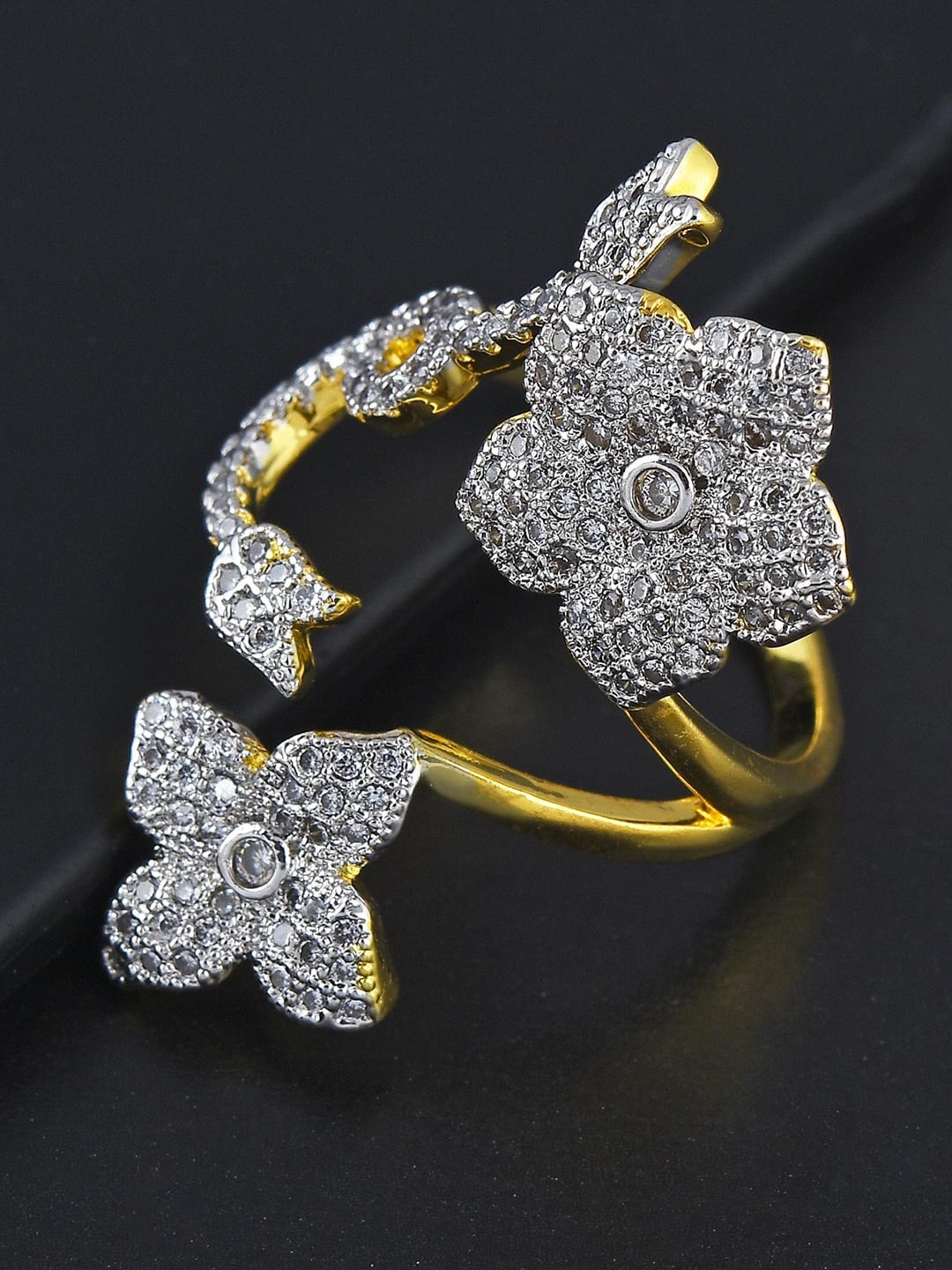 

Tistabene Gold-Plated & White Stone-Studded Floral Long Cocktail Ring