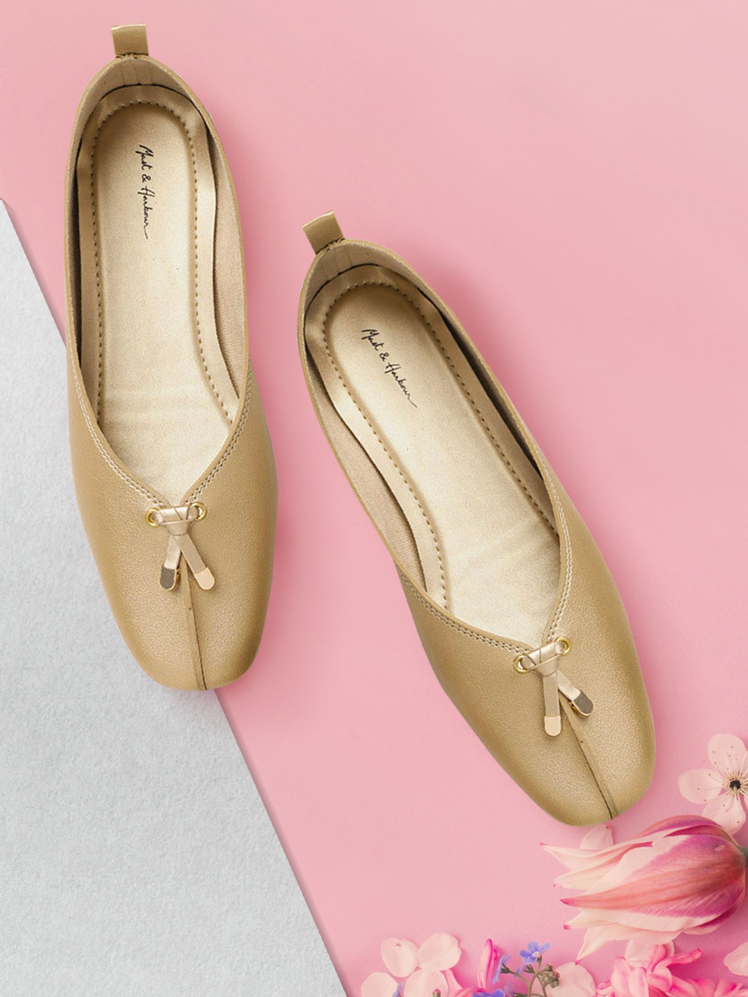 

Mast & Harbour Women Gold-Toned Solid Ballerinas with Bows