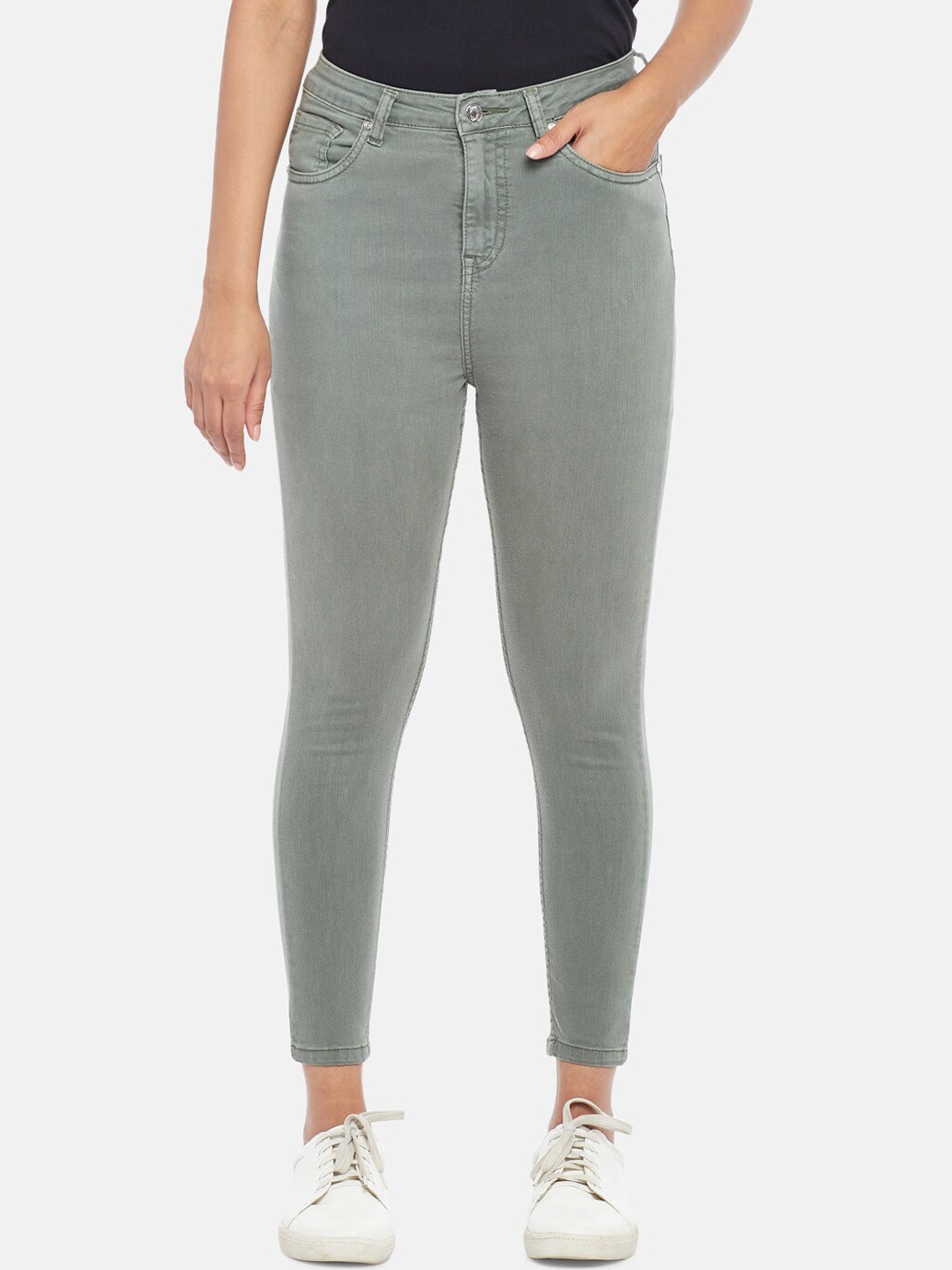 

People Women Olive Green Clean Look Super Skinny Fit High-Rise Non Stretchable Jeans