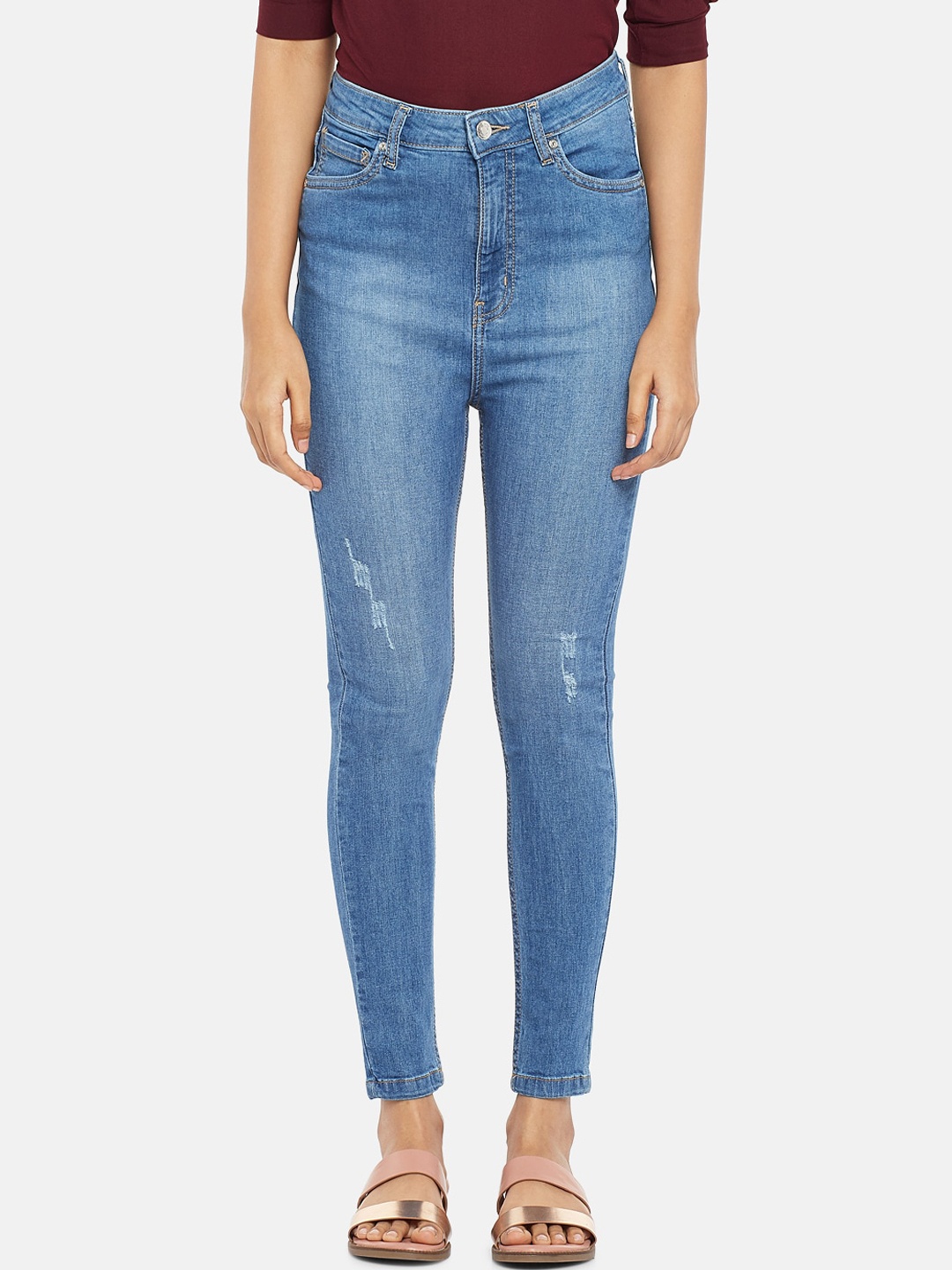 

People Women Blue Slim Fit High-Rise Low Distress Light Fade Jeans