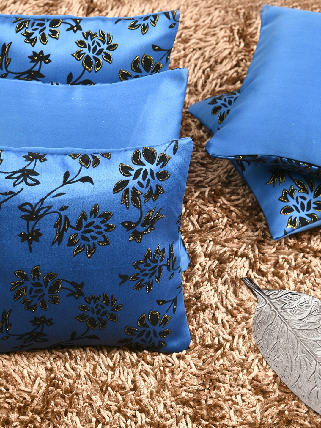 

HOUZZCODE Blue & Black Set of 5 Floral Embellished Square Cushion Covers
