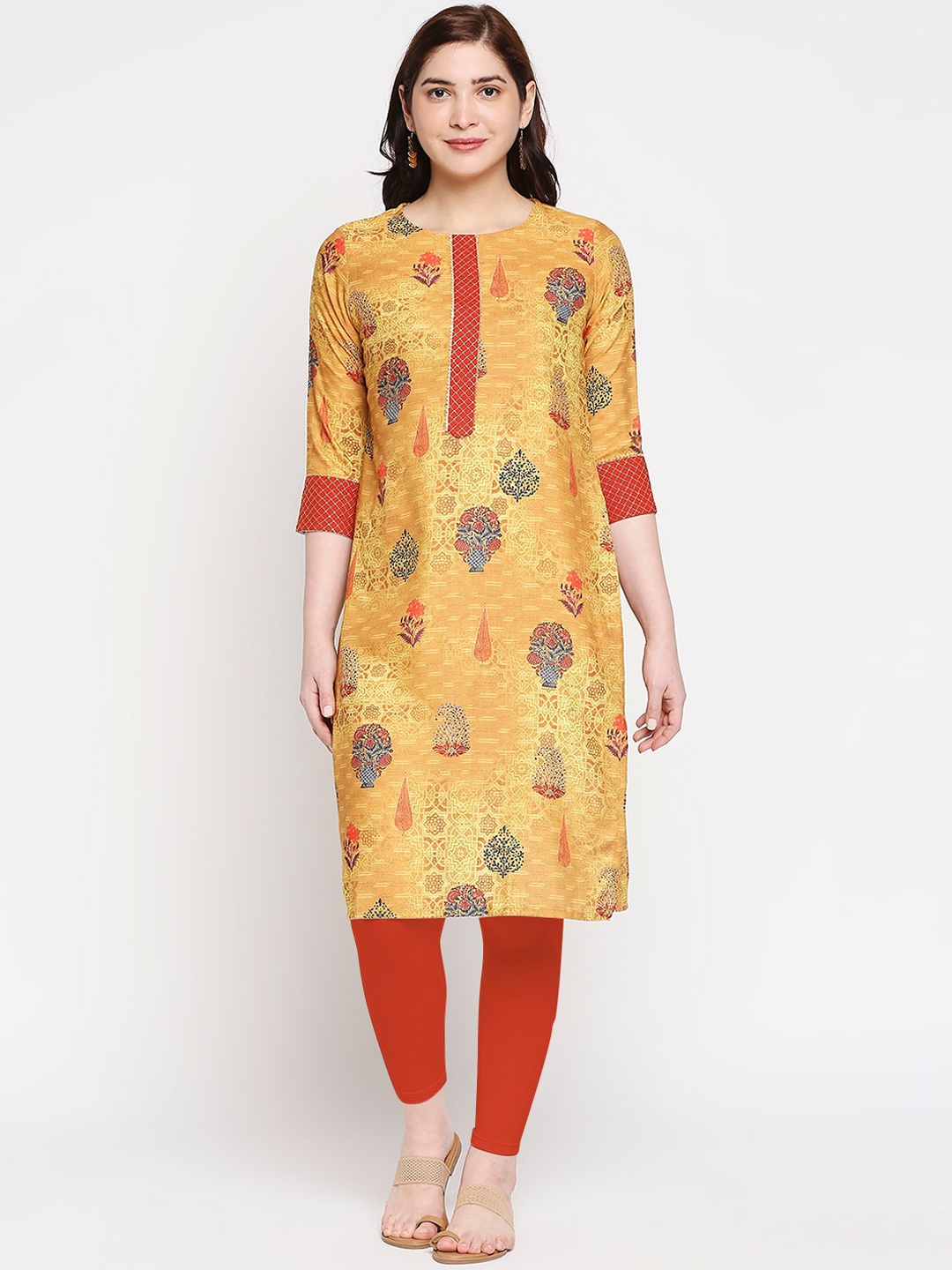 

ZRI Women Mustard Yellow & Red Floral Digital Printed Kurta