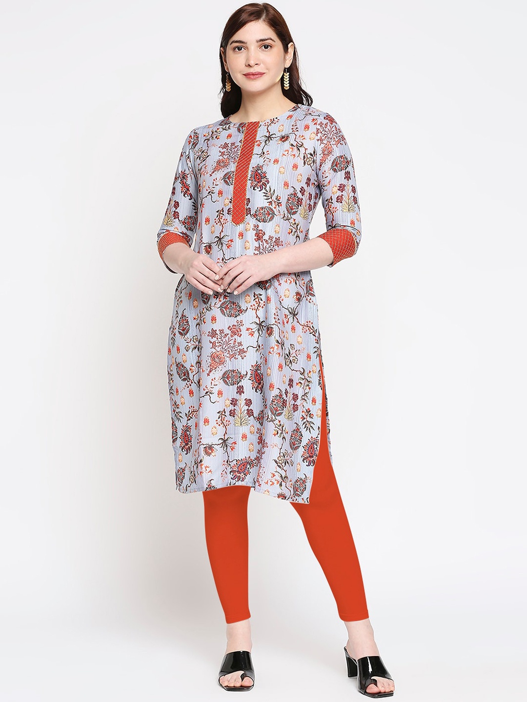 

ZRI Women Grey & Orange Floral Digital Printed Kurta