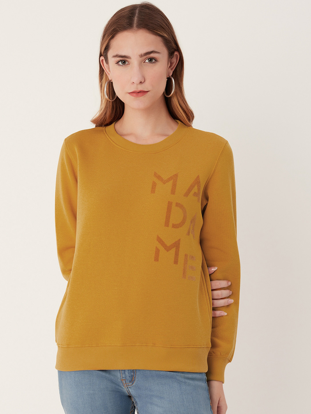 

Madame Women Mustard Yellow Brand Logo Placement Printed Sweatshirt