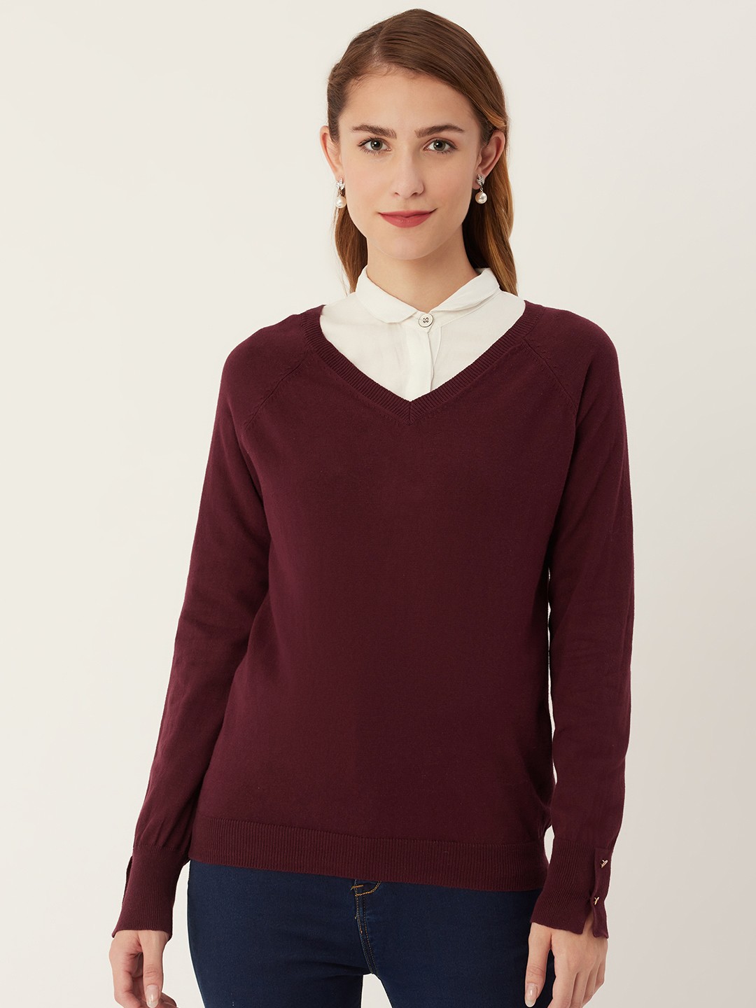 

Madame Women Burgundy Solid Pullover, Maroon