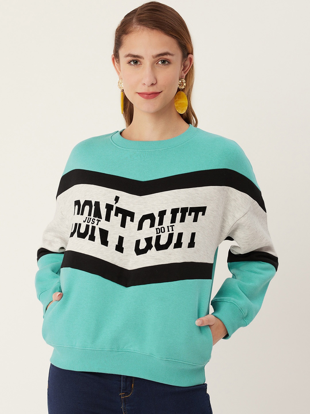

Madame Women Blue & Grey Melange Printed Sweatshirt