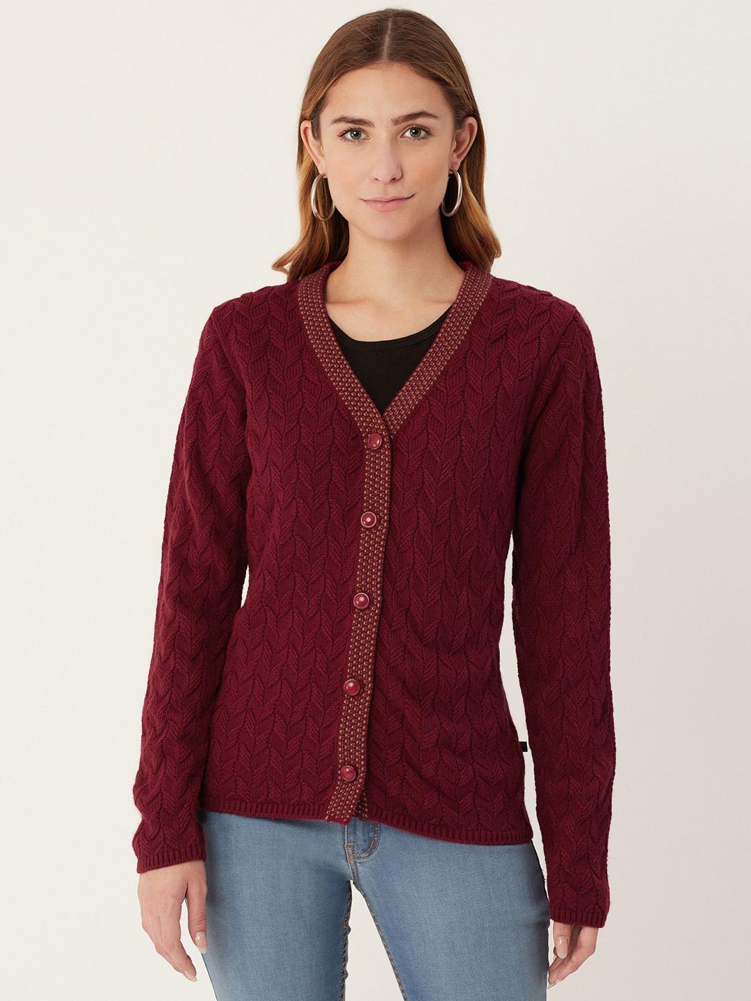 

Madame Women Maroon Self-Design Cardigan