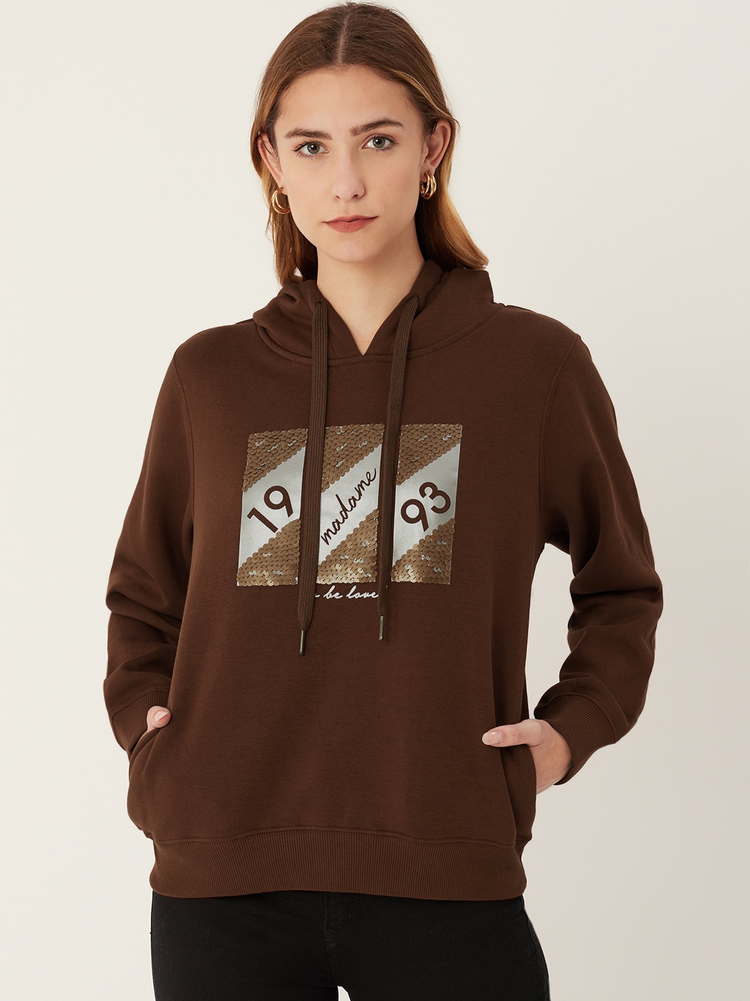 

Madame Women Coffee Brown Brand Logo Printed Hooded Sweatshirt with Sequins