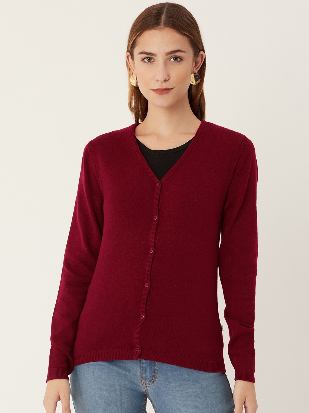 

Madame Women Maroon Solid Cardigan