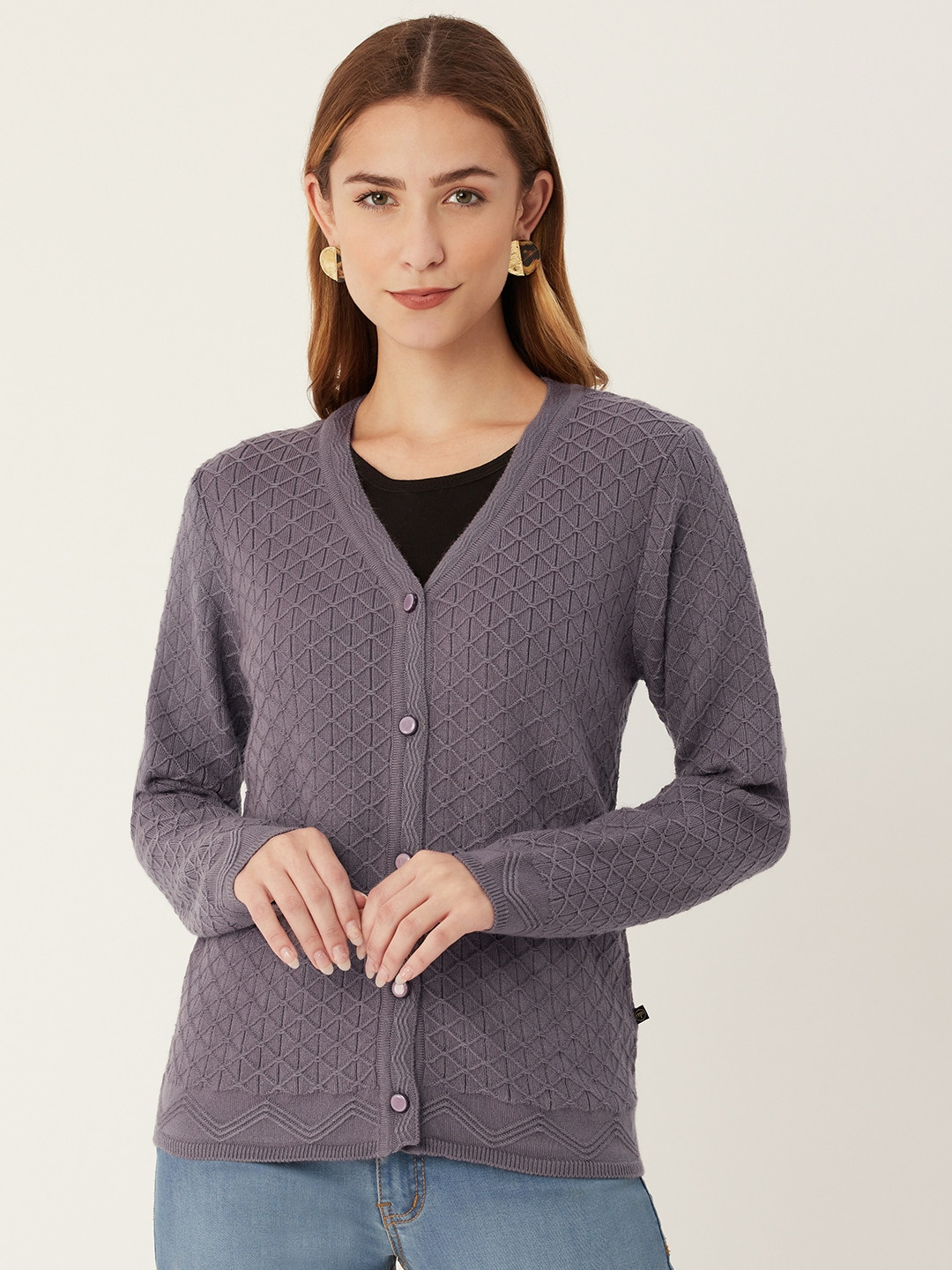 

Madame Women Purple Self-Design Cardigan