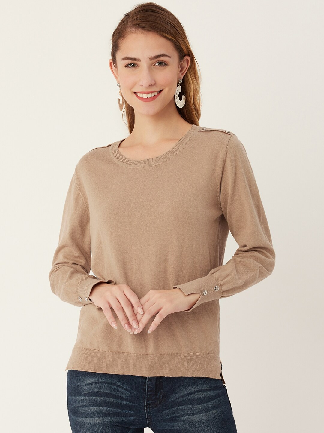 

Madame Women Beige Solid Pullover