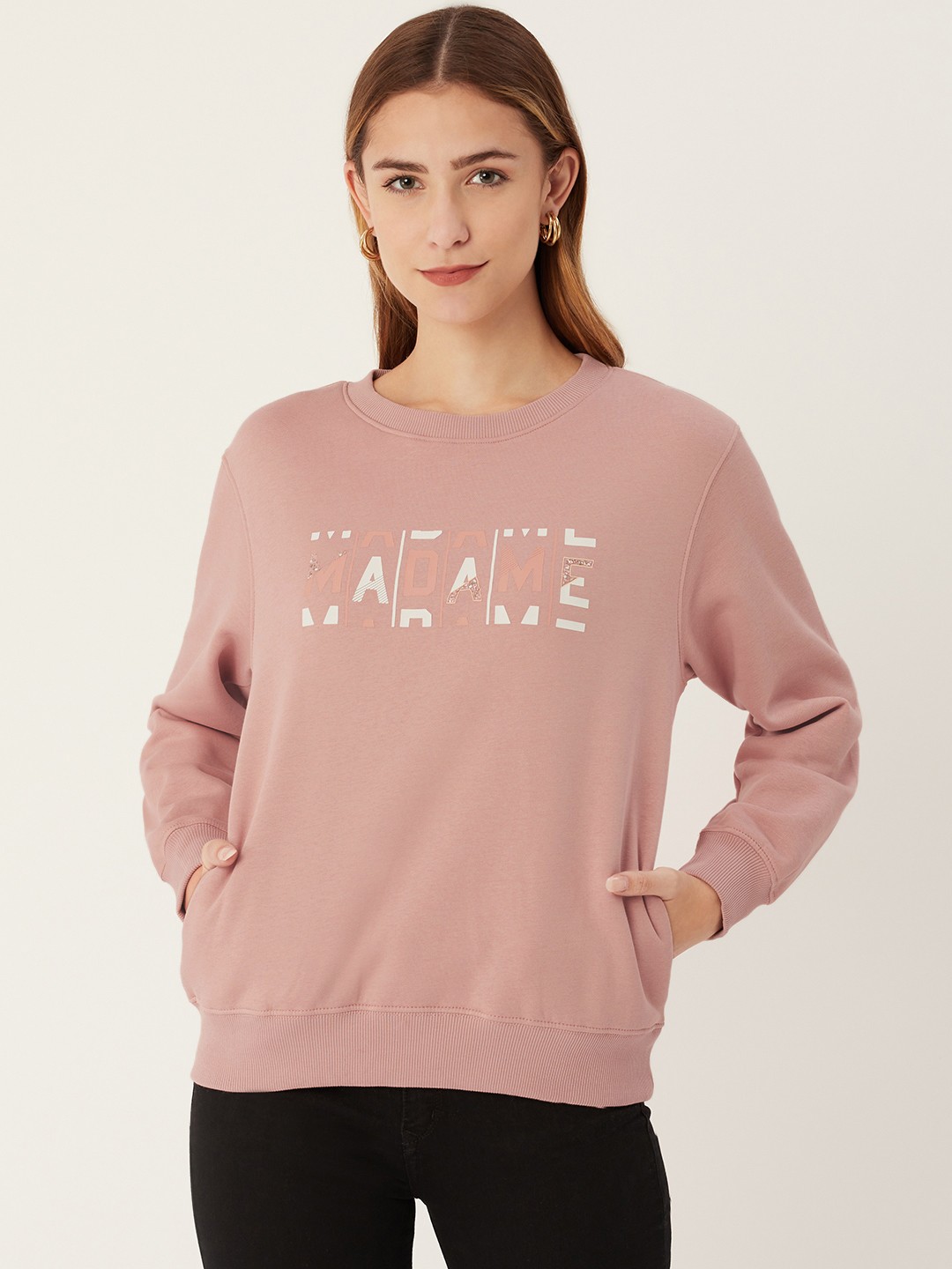 

Madame Women Peach-Coloured Brand Logo Printed Sweatshirt