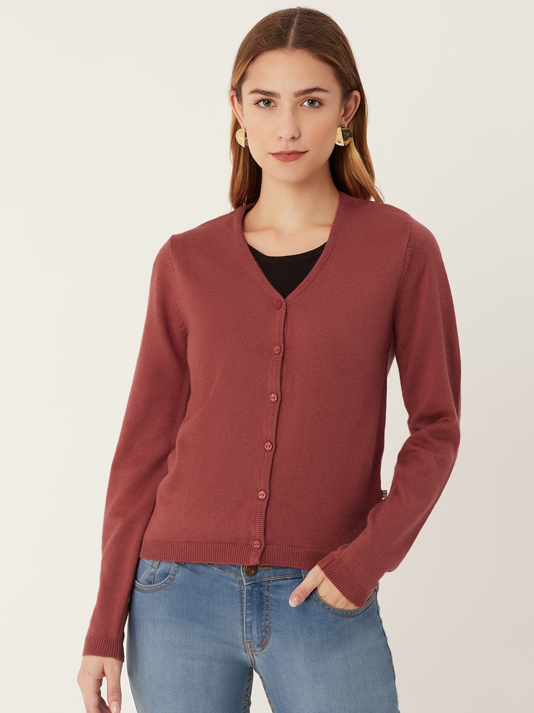 

Madame Women Rust Red Solid Cardigan