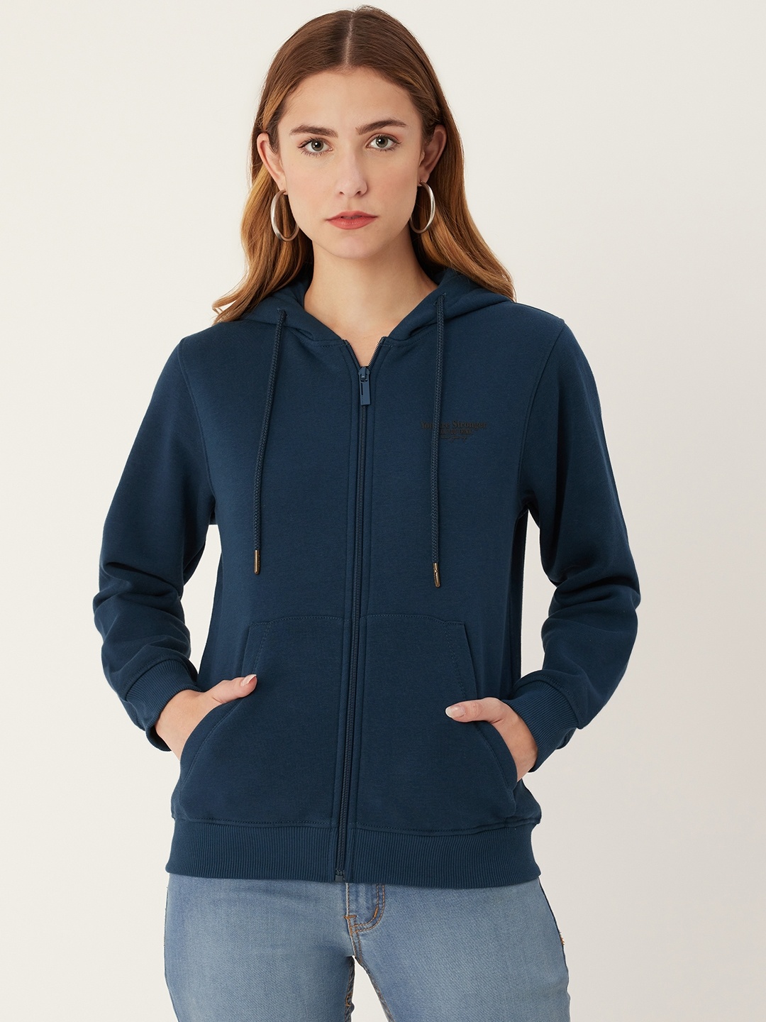 

Madame Women Navy Printed Back Hooded Sweatshirt, Navy blue
