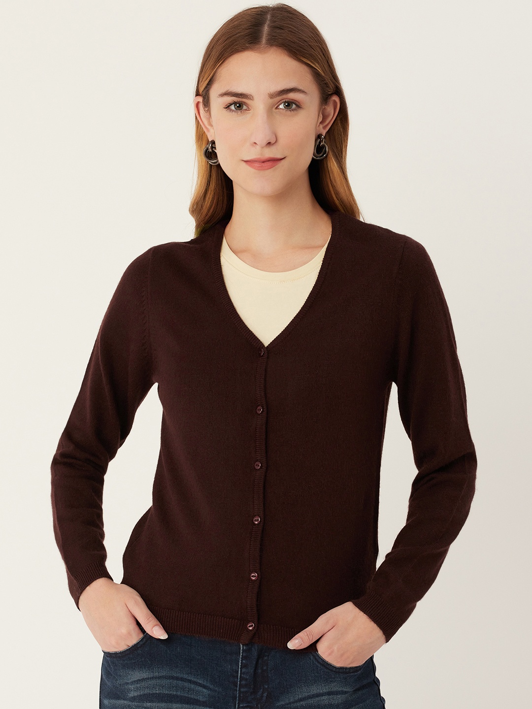 

Madame Women Burgundy Solid Cardigan
