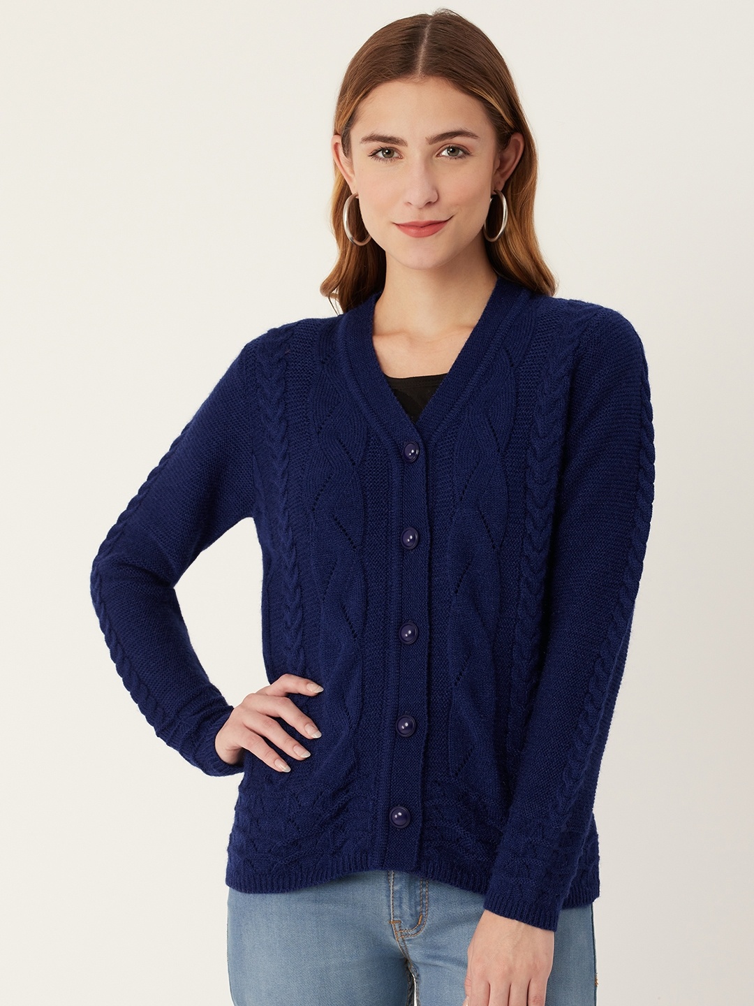 

Madame Women Navy Blue Cable Knit Cardigan