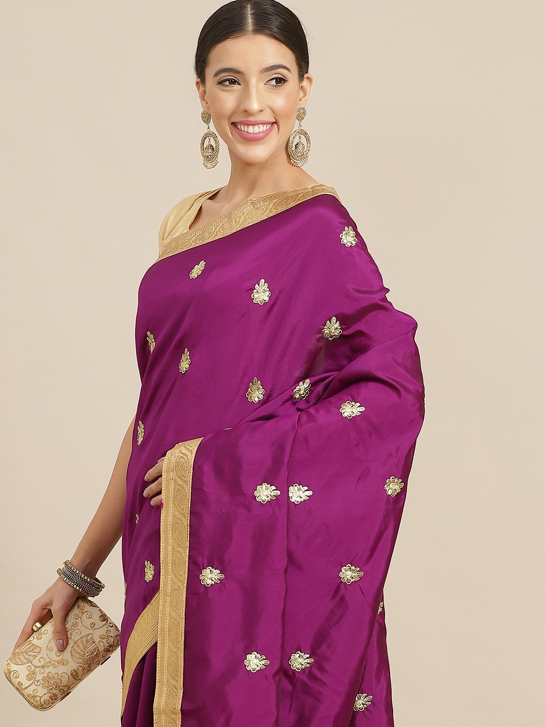 

Anouk Violet & Gold Floral Embroidered Polyester Saree