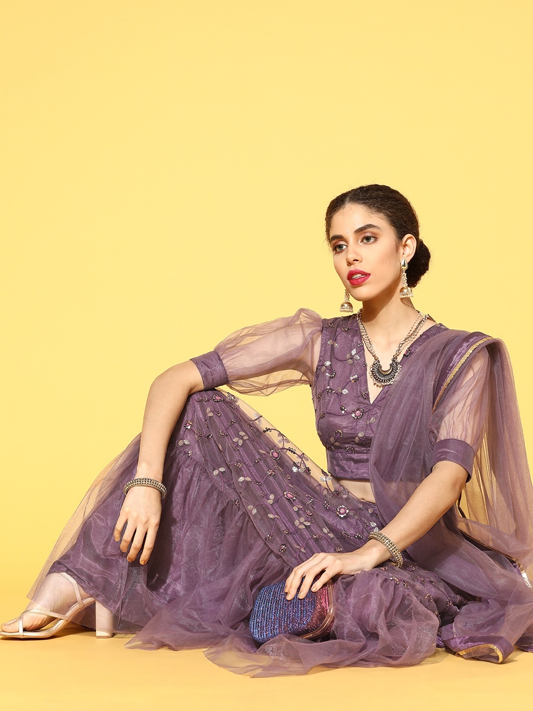 

Inddus Elegant Purple Embroidered Unstitched Lehenga Choli with Dupatta