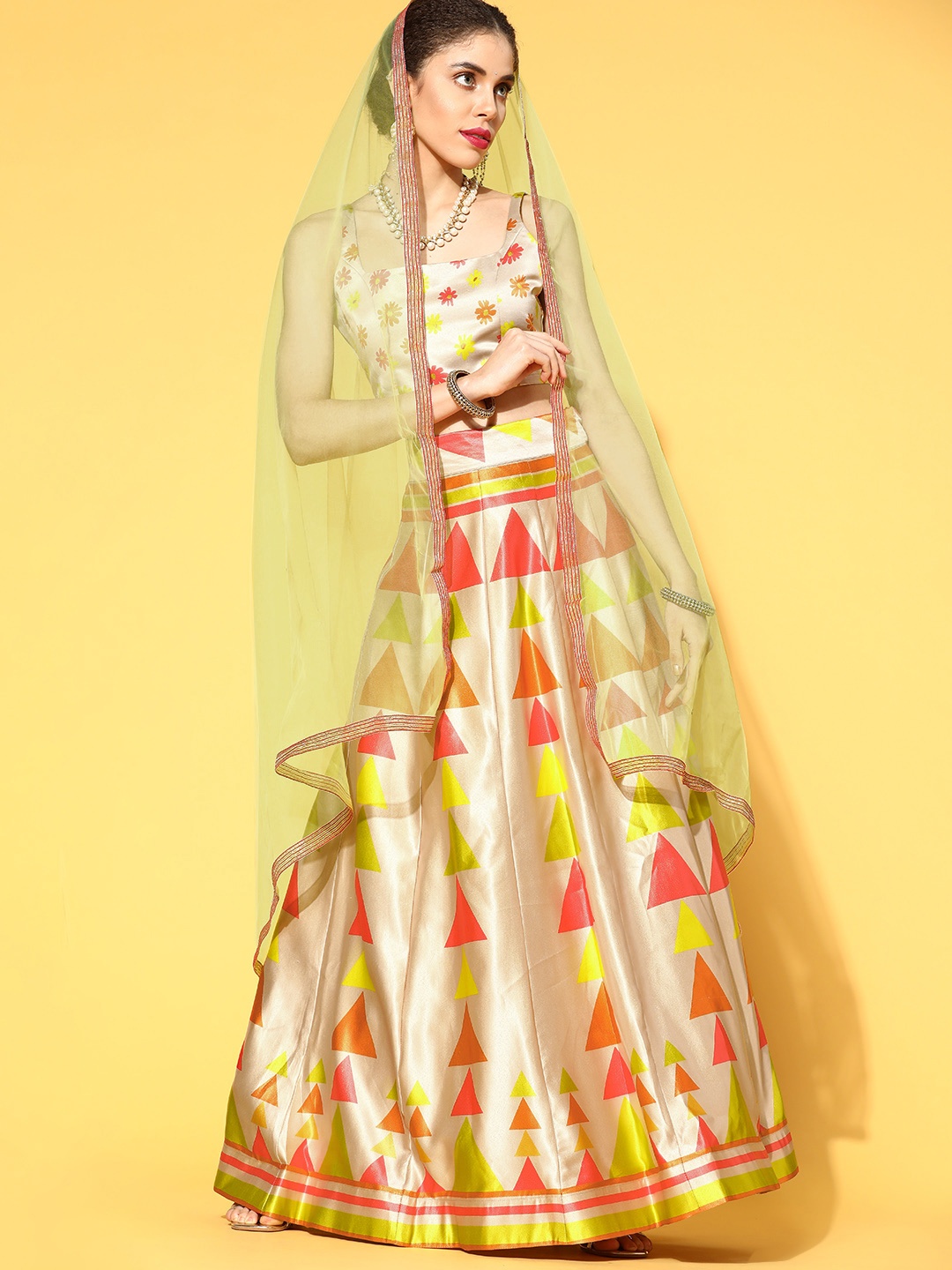 

Inddus Beautiful Beige Printed Unstitched Lehenga Choli with Dupatta