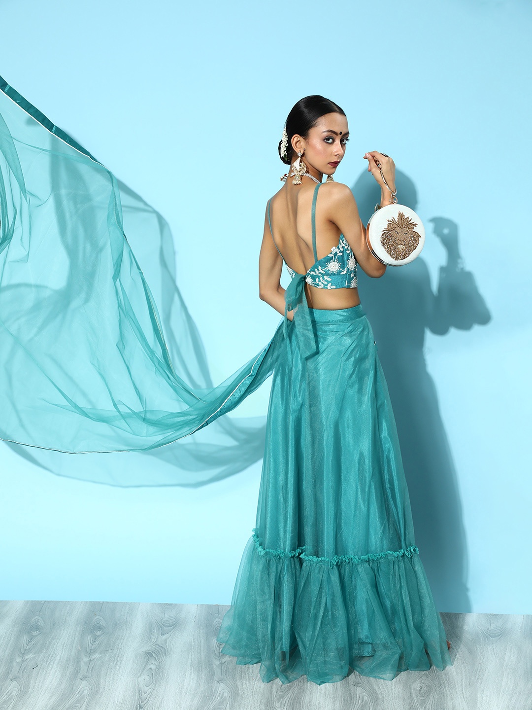 

Inddus Elegant Blue Embroidered Unstitched Lehenga Choli with Dupatta