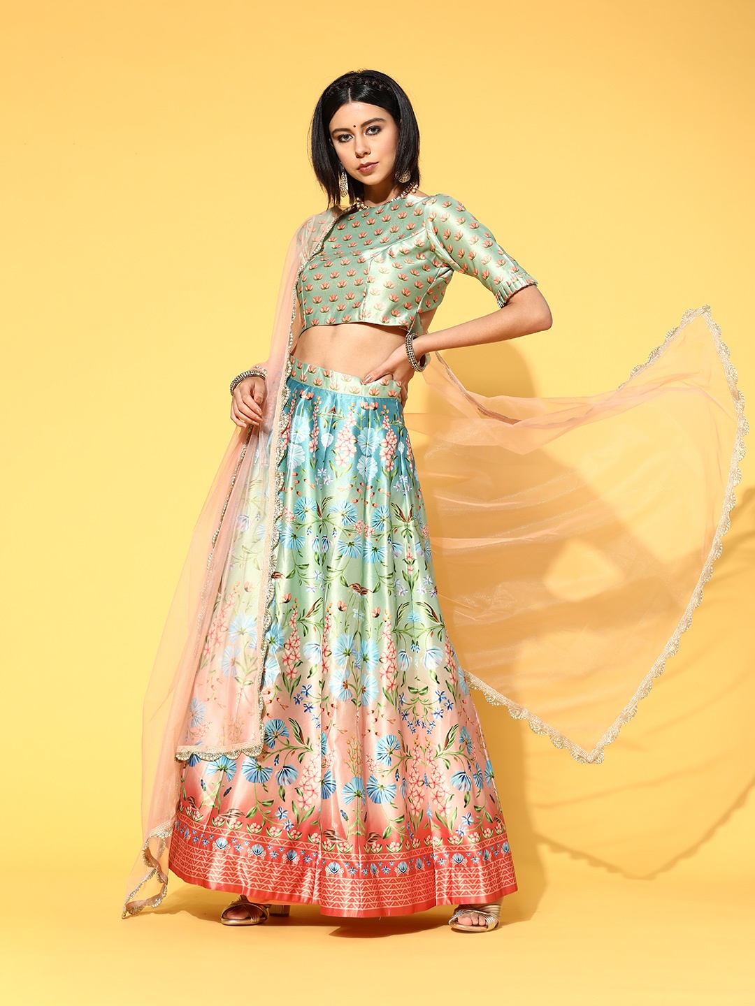 

Inddus Gorgeous Green Printed Unstitched Lehenga Choli with Dupatta