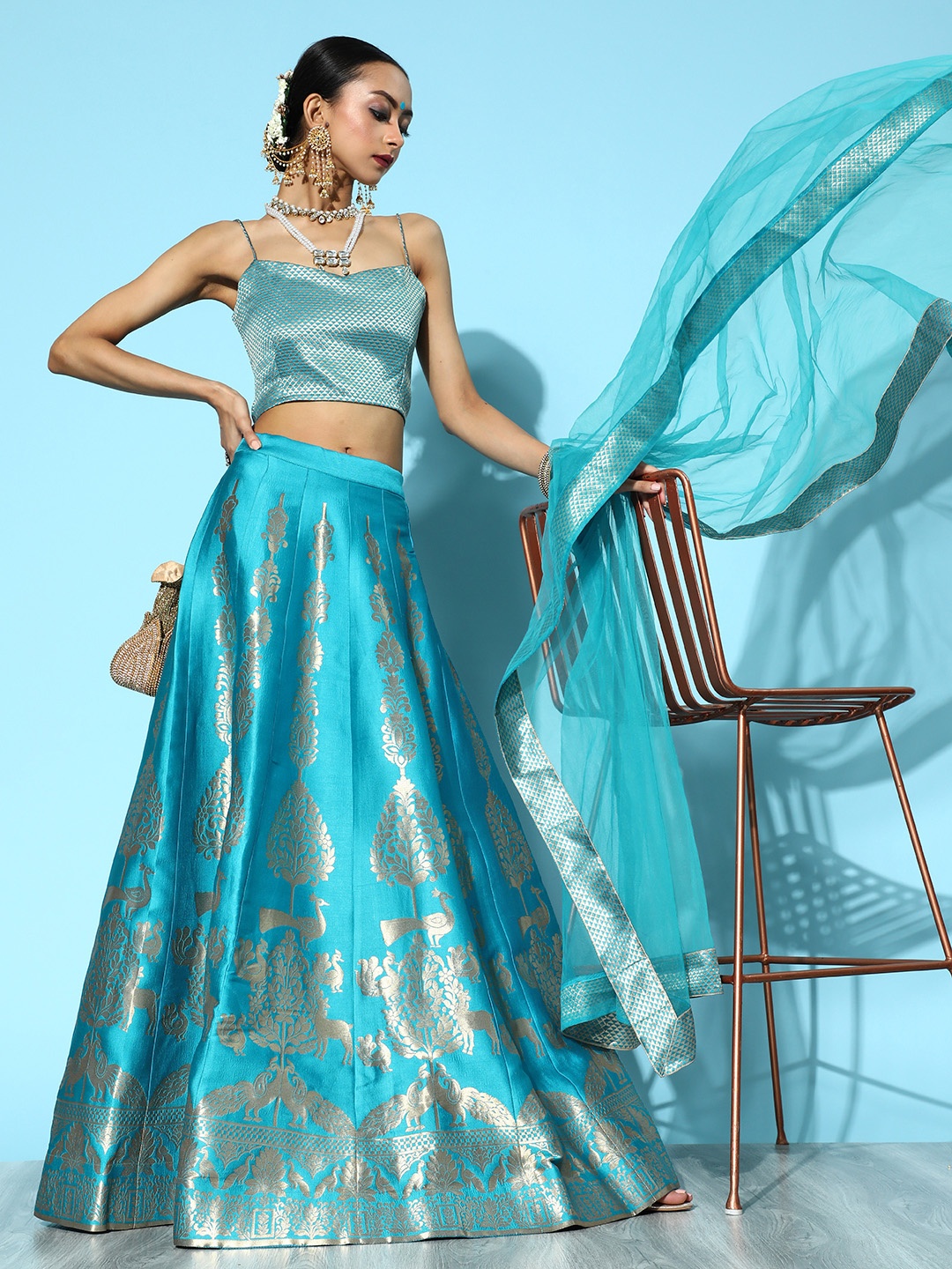 

Inddus Elegant Blue Woven Design Unstitched Lehenga Choli with Dupatta