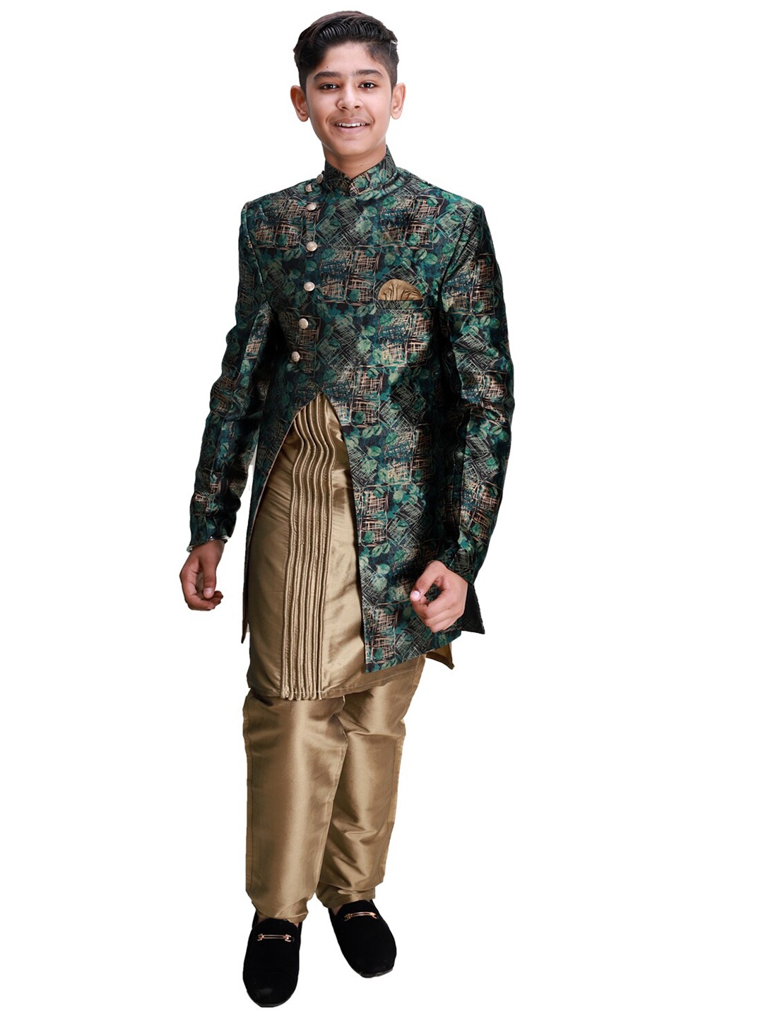 

FOURFOLDS Boys Green & Gold-Toned Printed 3-Piece Jodhpuri Bandhgala Sherwani Set