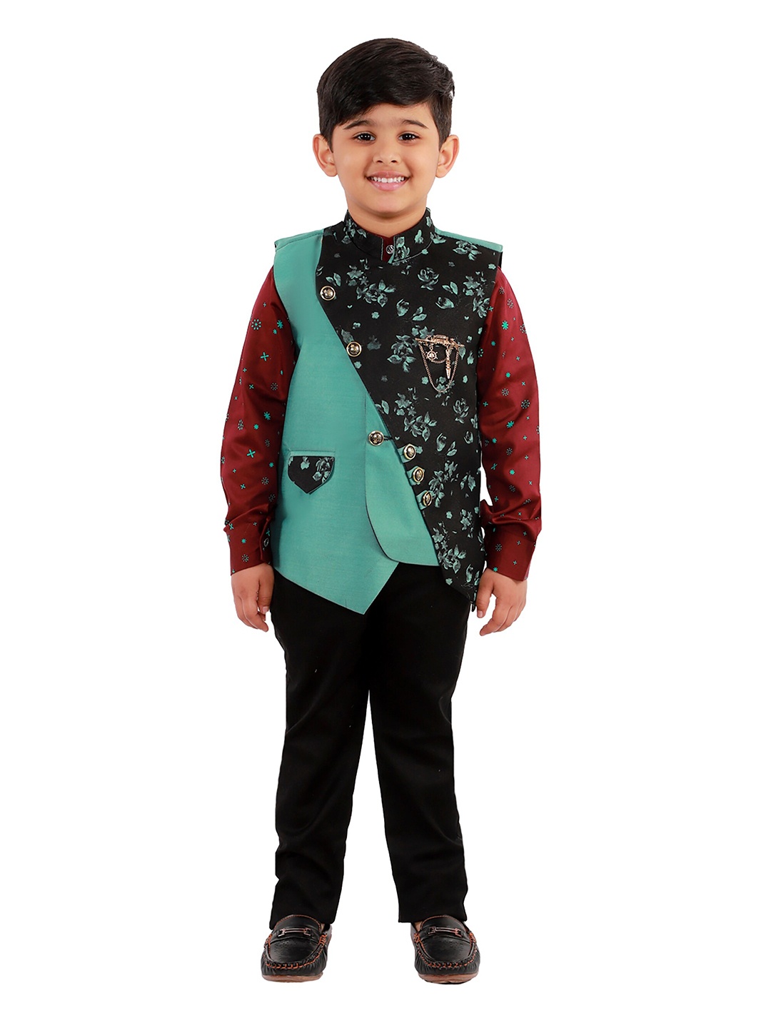 

FOURFOLDS Boys Green & Black Mandarin Collar Printed 3 Piece Suit