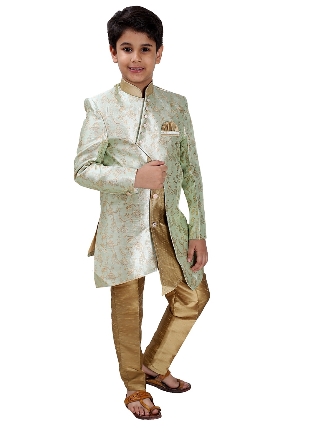 

FOURFOLDS Boys Ethnic Motifs Printed Sherwani, Green