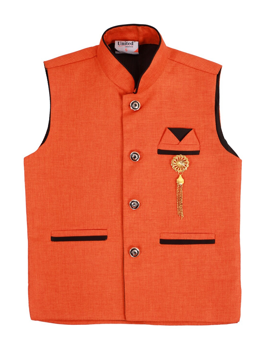 

FOURFOLDS Boys Orange & Black Solid Cotton Blend Waistcoat
