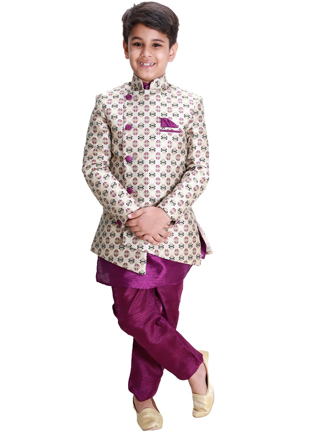 

FOURFOLDS Boys Regular Fit Sherwani, Purple